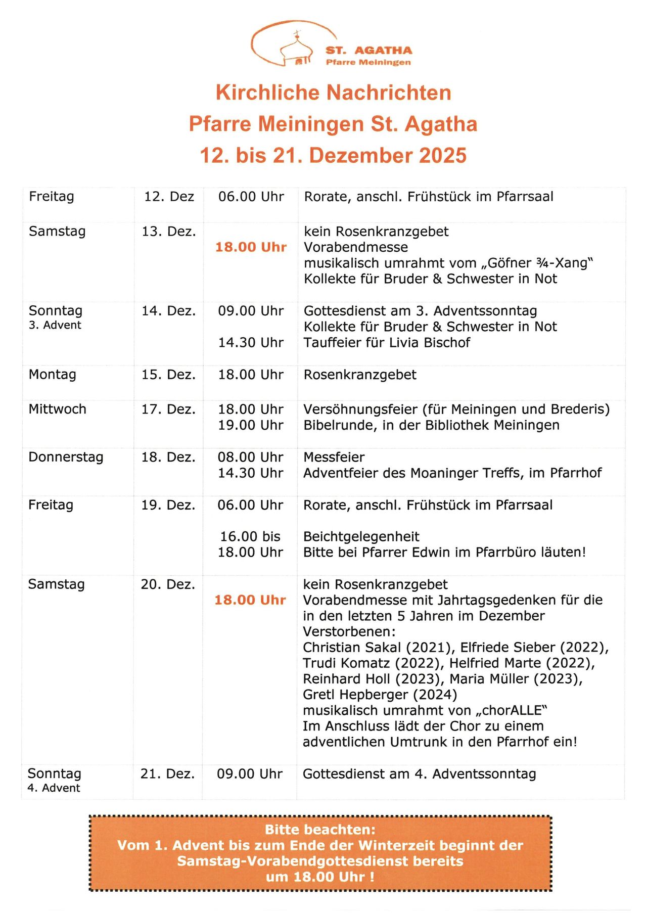 Ein Zeitplan vom 12. bis 21. Dezember 2025 listet tägliche Veranstaltungen mit Zeiten und Beschreibungen auf, einschließlich Rorate-Messe, Chorversammlungen und Gedenkgottesdienste für die Verstorbenen.