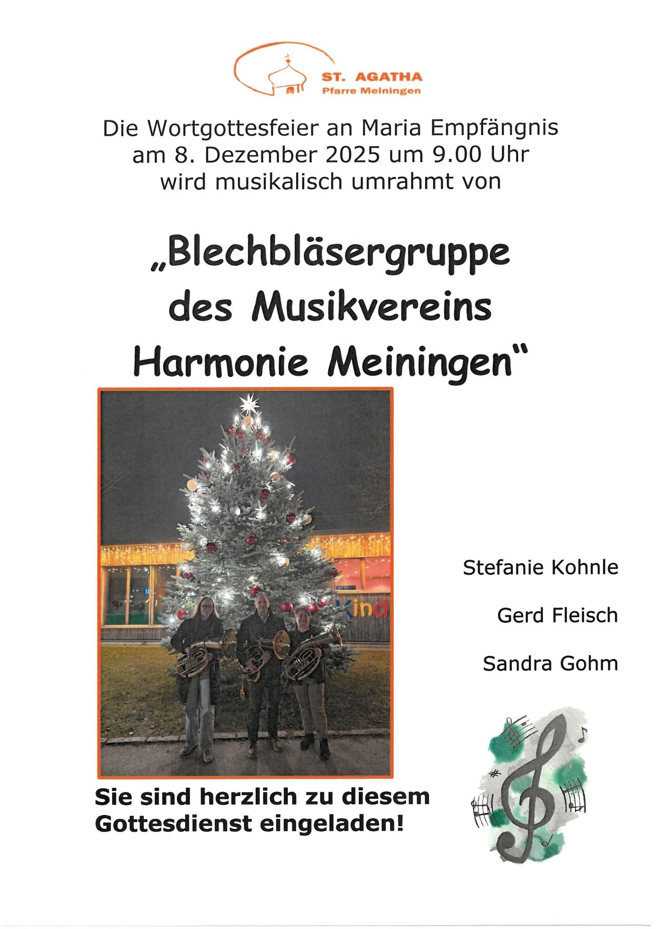 Ein Gruppenfoto von vier Personen vor einem geschmückten Weihnachtsbaum, mit Stefanie Kohnle, Gerd Fleisch und Sandra Gohm. Die Veranstaltung wird am 8. Dezember 2025 von der Blechbläsergruppe des Musikvereins Harmonie Meiningen ausgerichtet.