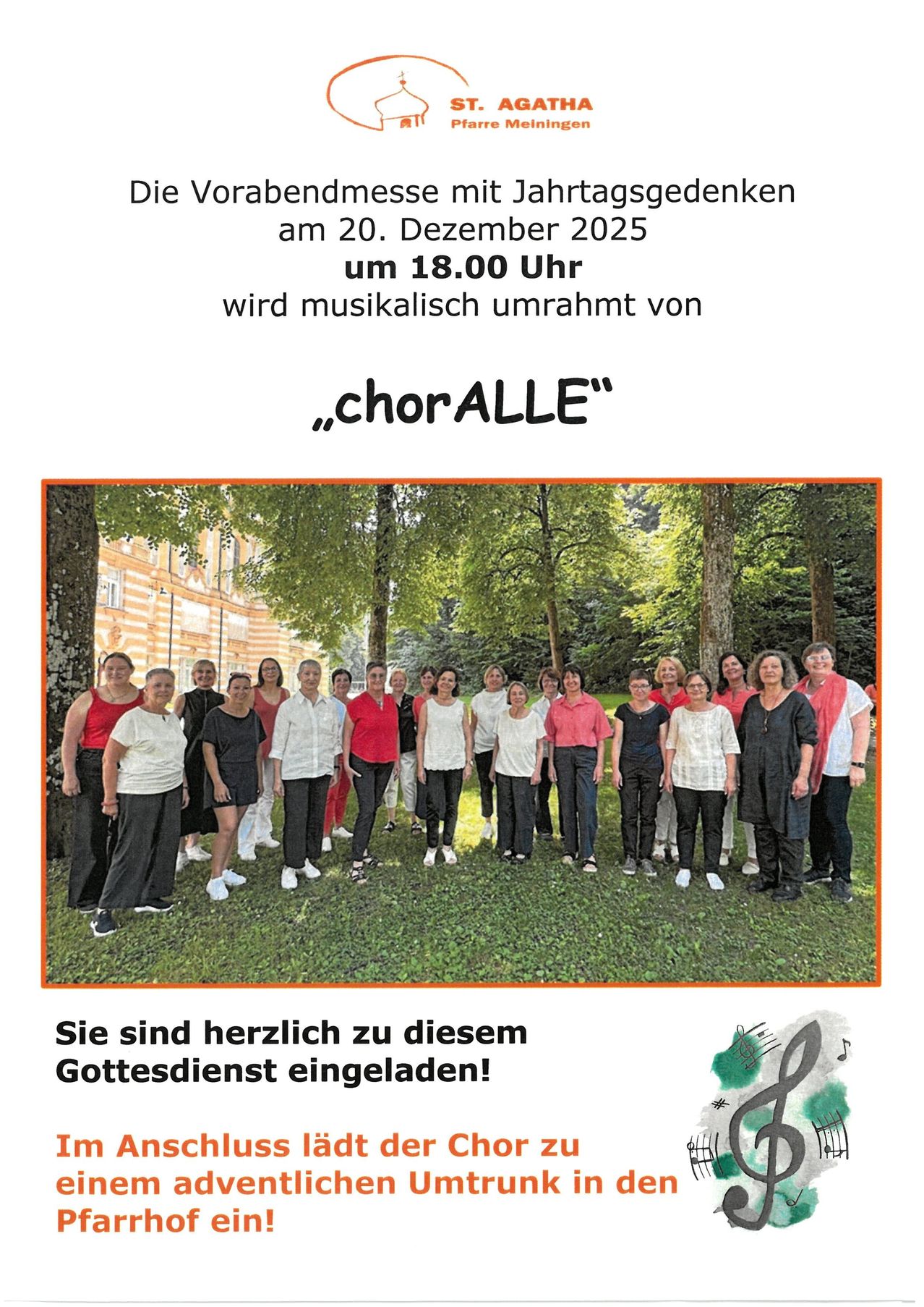Der Abend mit Neujahrsgedanken am 20. Dezember 2025 um 18:00 Uhr wird von 'chorALLE' musikalisch umrahmt. Ein Chor steht in einem Park.