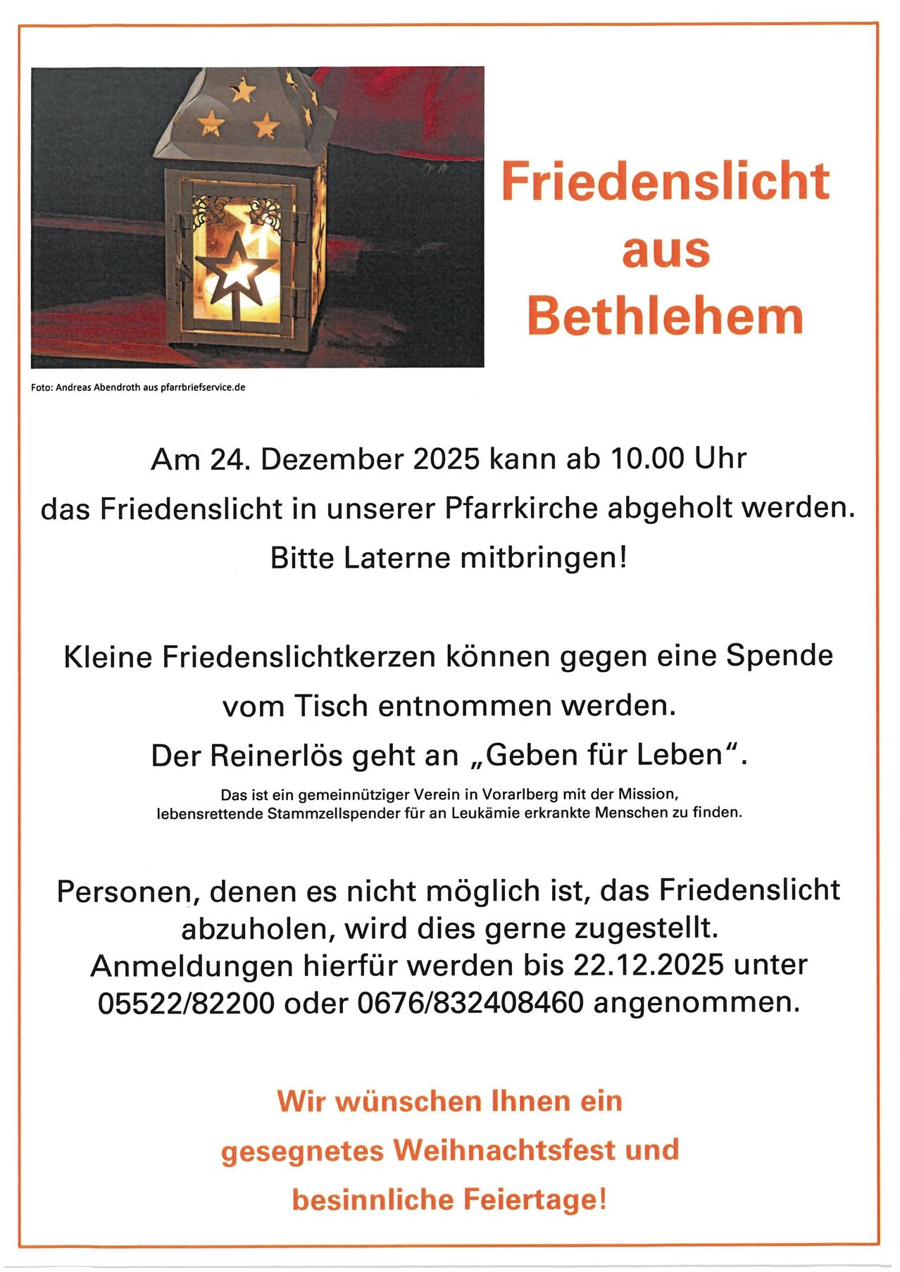 Eine beleuchtete Laterne mit einem Stern, betitelt 'Friedenslicht aus Bethlehem'. Die Veranstaltung findet am 24. Dezember 2025 um 10:00 Uhr statt. Bitte Laternen mitbringen.