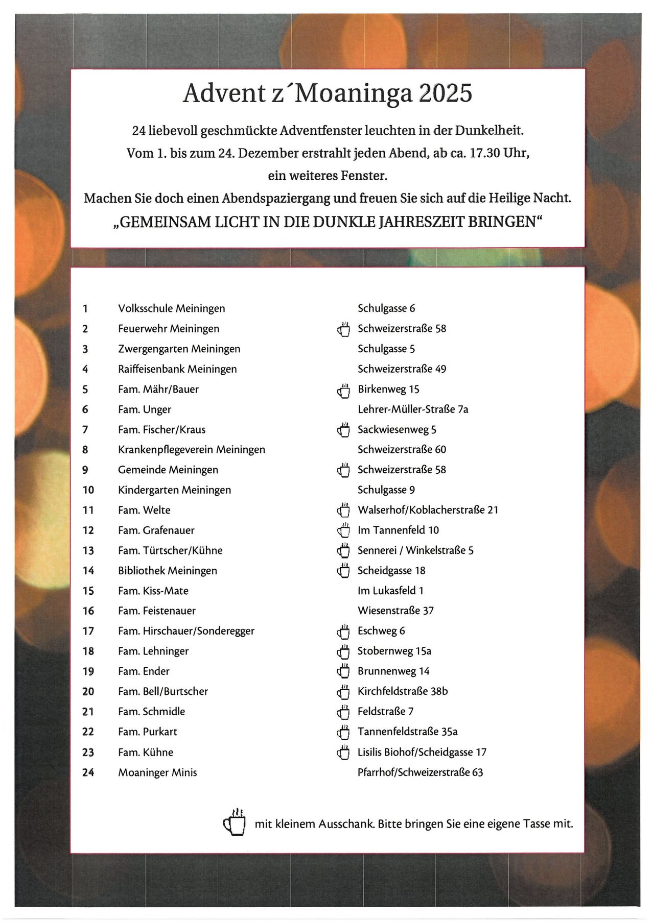 Ein Bild eines Flyers enthält eine Ankündigung über Abendspaziergänge an ausgewählten Abenden. Der Flyer listet Adressen und Namen auf und erwähnt den Slogan 'Gemeinsam bringen wir Licht in die dunkle Jahreszeit.' Es ist auf Deutsch geschrieben.