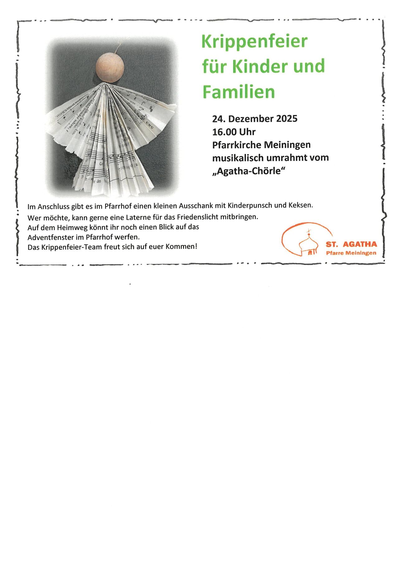 Ein Flyer mit einem Papierfächer-Design bewirbt eine Familienveranstaltung am 24. Dezember 2025 um 16:00 Uhr in der Pfarrkirche Meiningen. Musikalisch umrahmt vom 'Agata-Chorle' gibt es einen kleinen Geschenk und eine Laterne für das Friedenslicht.