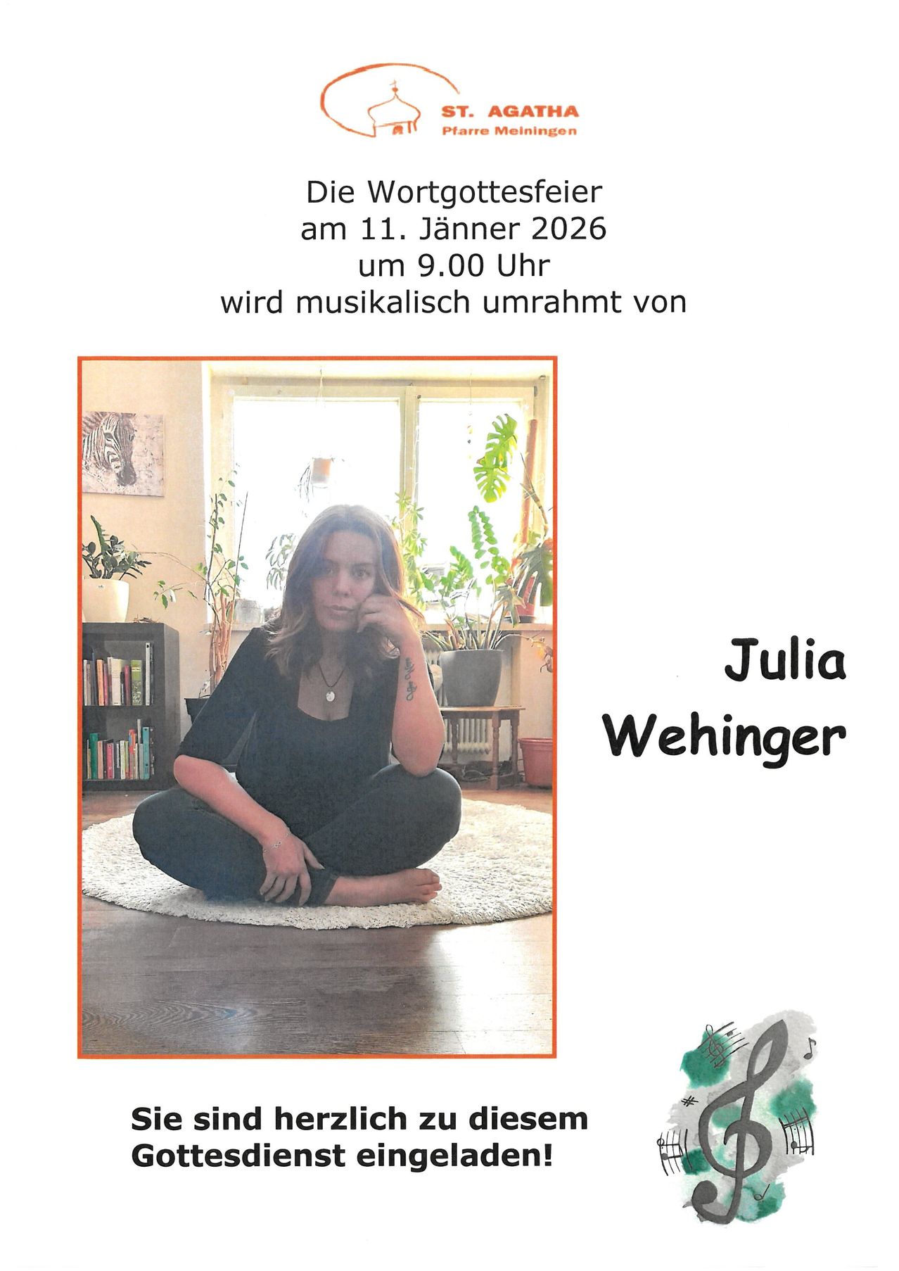 Ein Bild von Julia Wehinger, die auf einem Teppich sitzt, umgeben von Pflanzen und Büchern, mit Datum und Veranstaltungsdetails oben.