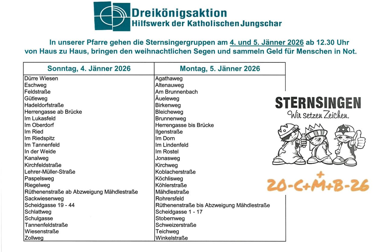 Das Dreikönigsaktion-Flugblatt der Katholischen Jugend kündigt eine Haussammlung am 4. und 5. Januar 2026 an, bei der Spenden für Menschen in Not gesammelt werden.