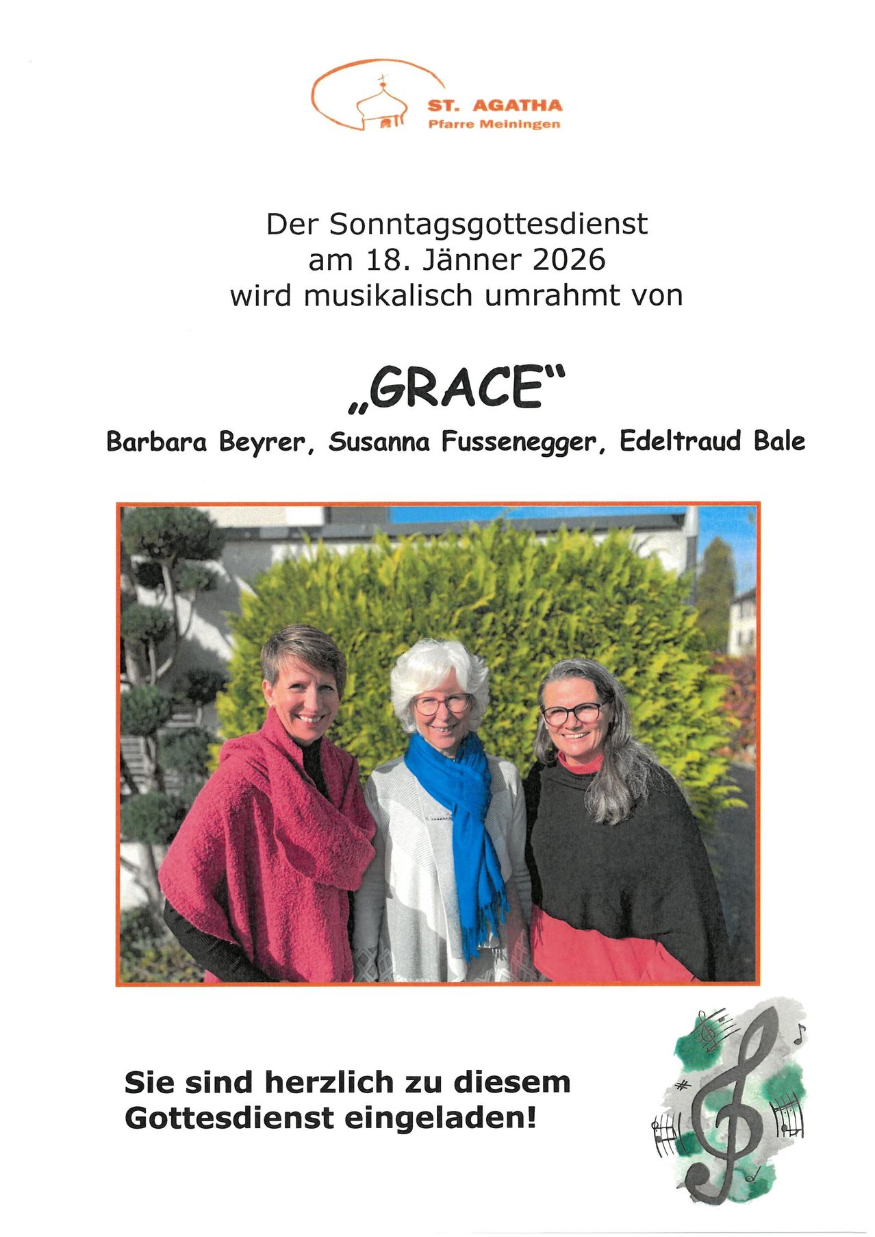 Poster for a Sunday church service on January 18, 2026, featuring three women with musical background. The women are smiling and posing for the camera.