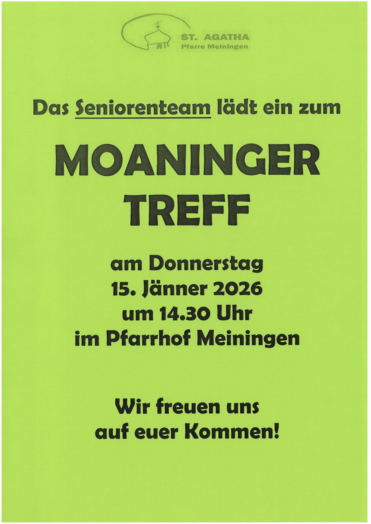 Poster for a senior team meeting in Moaninger on Thursday, January 15, 2026 at 2:30 PM at the Pfarrhof Meiningen. It ends with a friendly invitation.