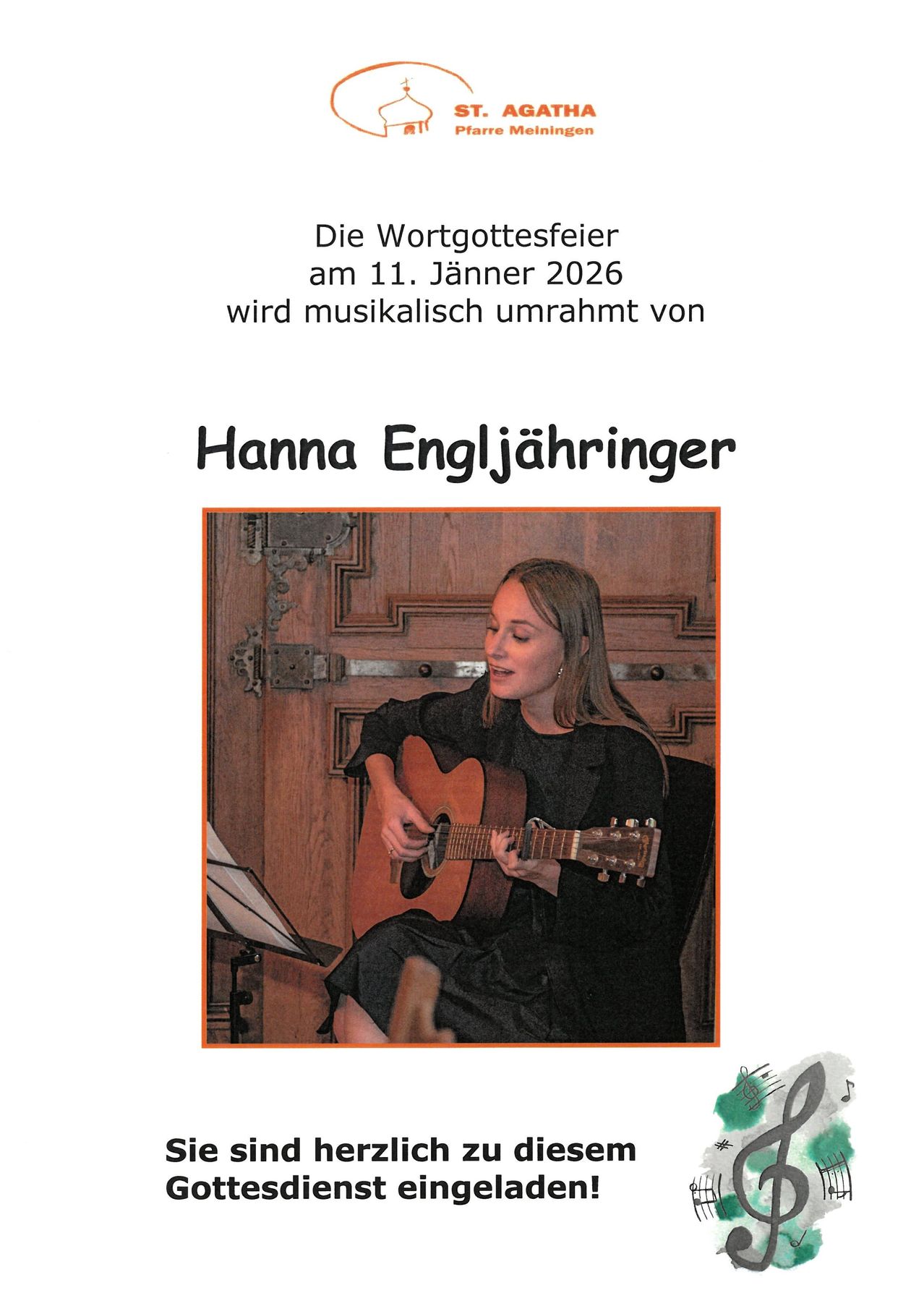 Ein Bild einer Frau, die eine Gitarre spielt, mit einem Notenständer vor einer Holztür. Der Text lautet: 'Das Wortgottesfest am 11. Januar 2026 wird musikalisch von Hanna Engljahringer umrahmt.'