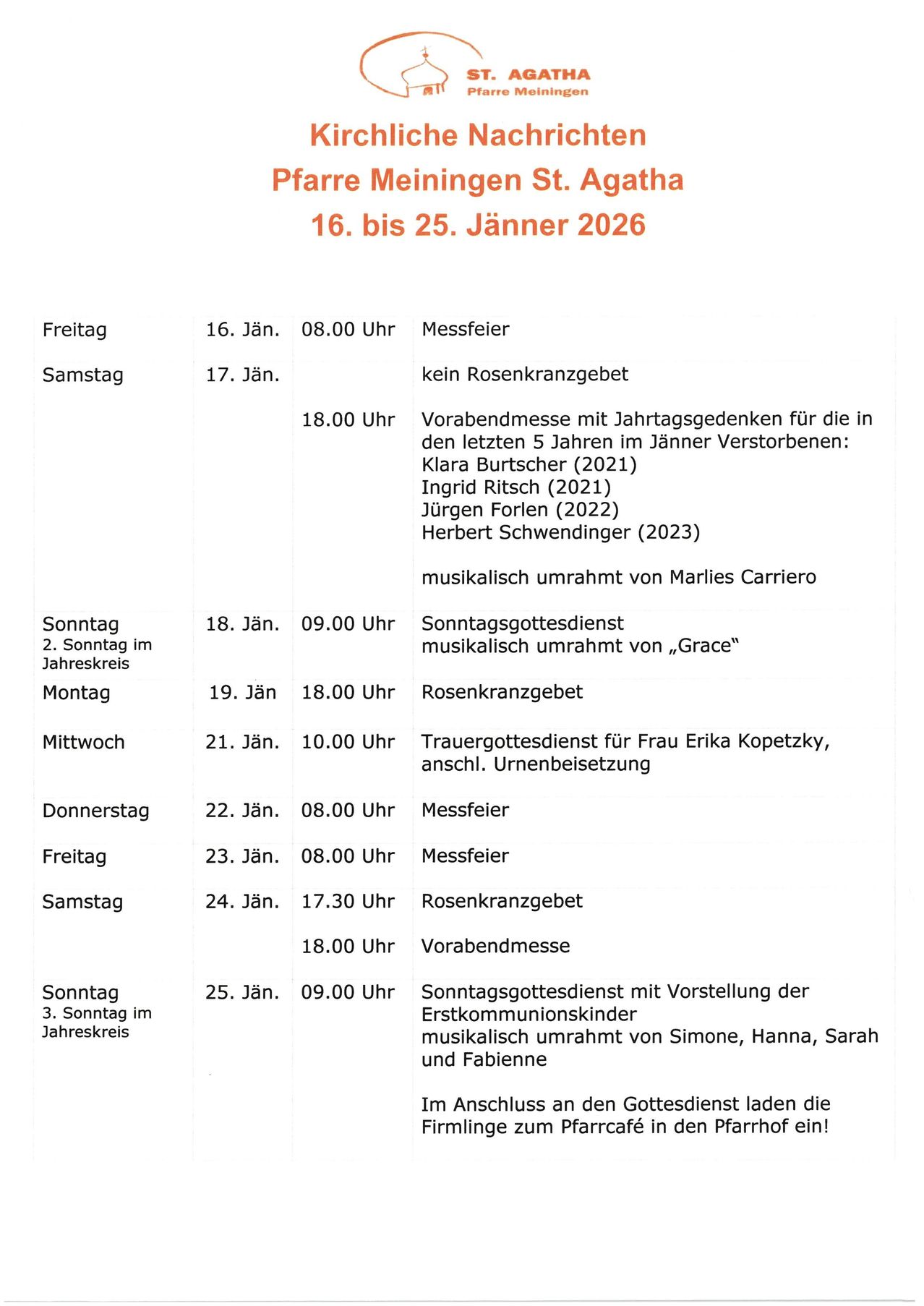 Event schedule from January 16 to 25, 2026. Includes dates, times, and details for mass services, remembrance services, and first communions. Events feature musical performances and remembrances for those who passed in the last five years.