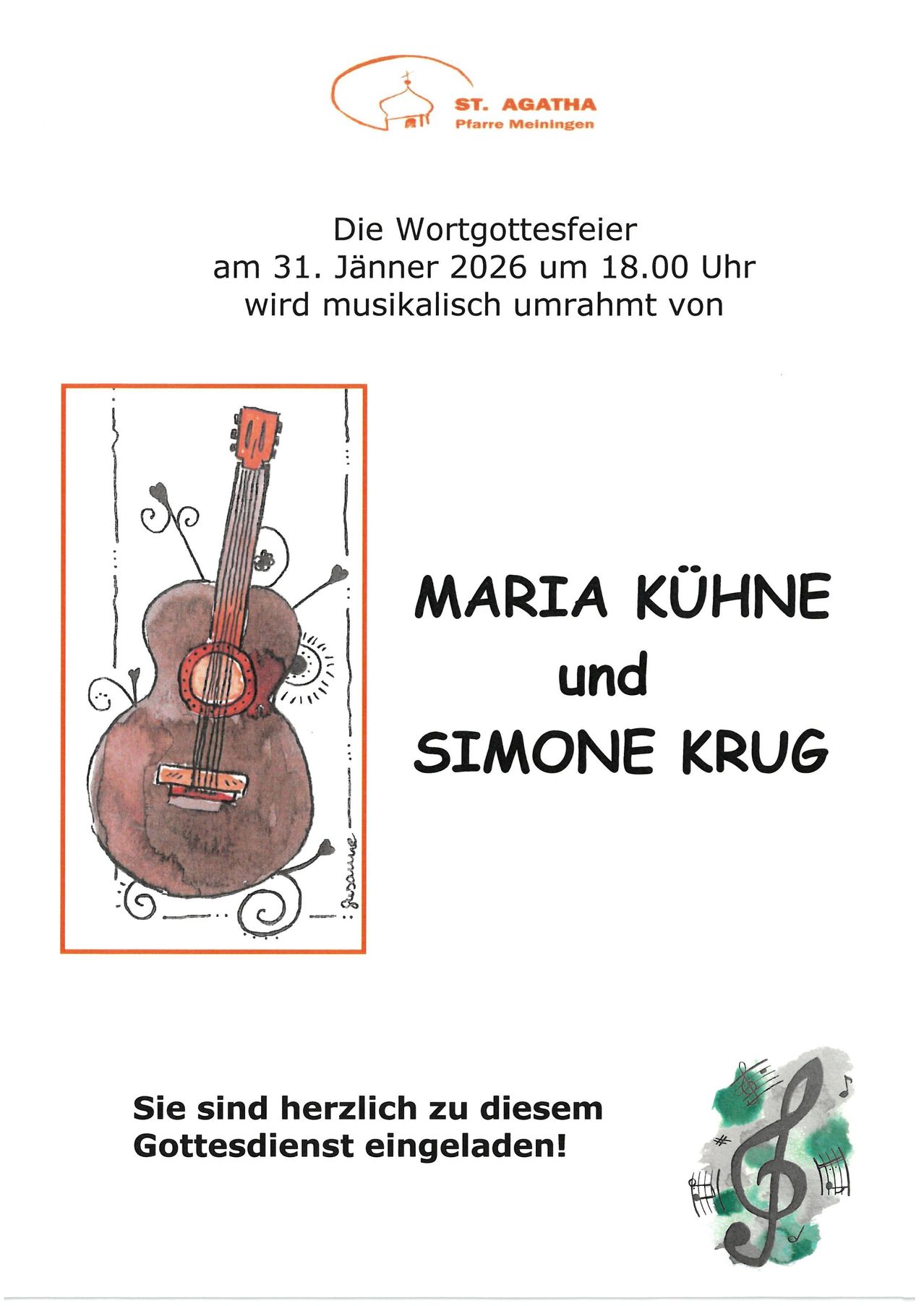 Ein Veranstaltungsposter für Maria Kühne und Simone Krug mit einer Gitarrenillustration. Die Veranstaltung ist für den 31. Januar 2026 um 18:00 Uhr geplant.
