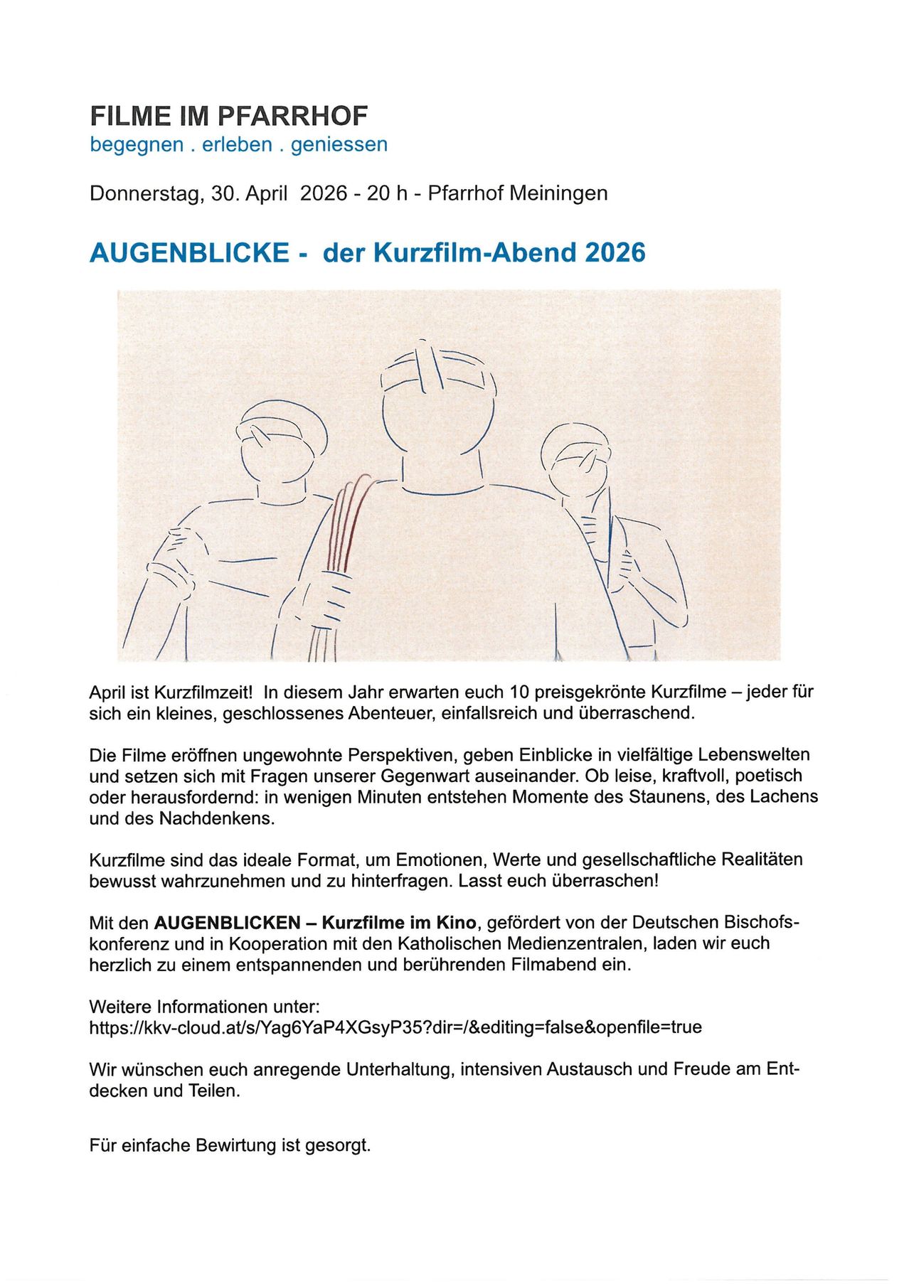April ist Kurzfilmzeit! In diesem Jahr erwarten euch 10 preisgekrönte Kurzfilme – jeder für sich ein kleines, offenes Abenteuer, einfallsreich und überraschend. Die Filme eröffnen ungewöhnliche Perspektiven, geben Einblicke in vielfältige Lebenswelten und setzen sich mit Fragen unserer Gegenwart auseinander. Ob leise, kraftvoll, poetisch oder herausfordernd: in wenigen Minuten entstehen Momente des Staunens, des Lachens und des Nachdenkens.