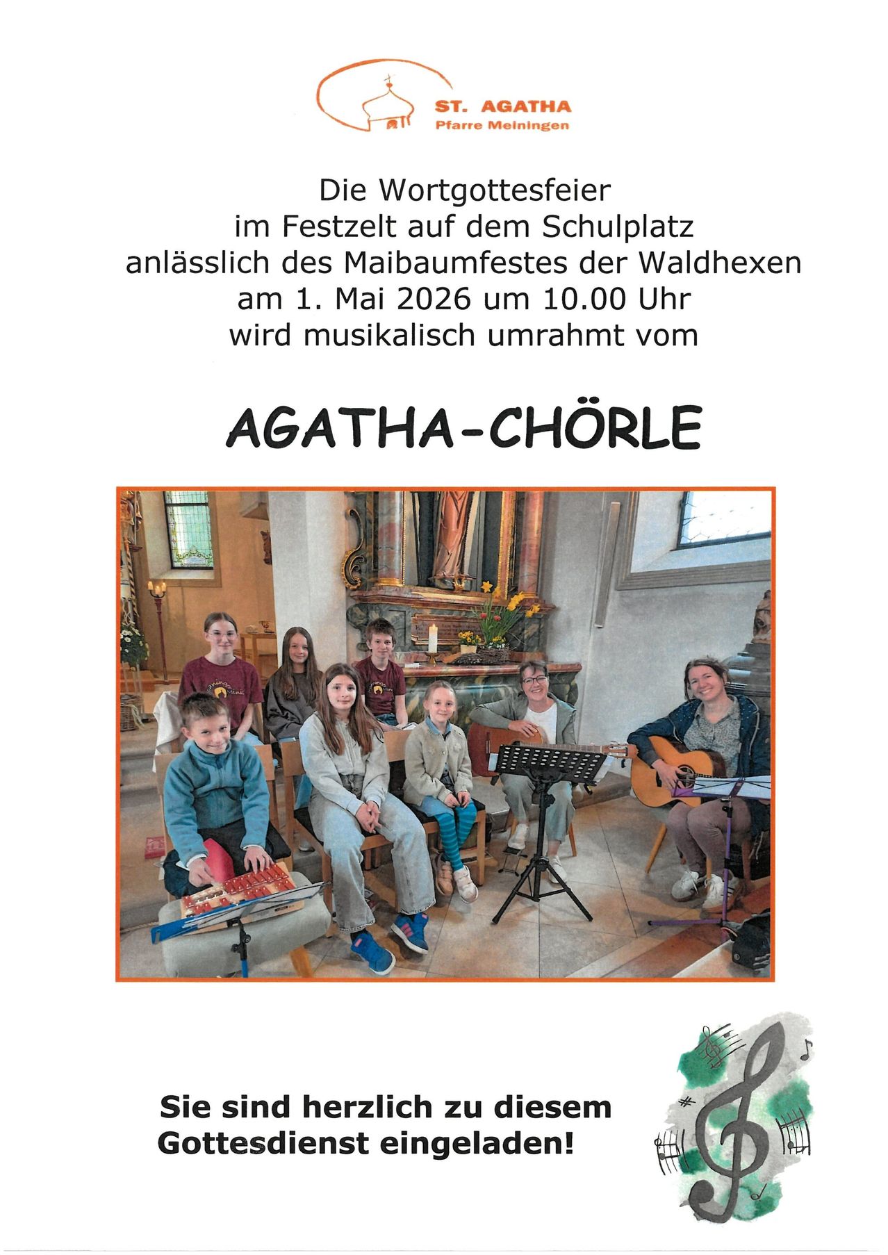 Eine Gruppe von Kindern und Erwachsenen befindet sich in einer Kirche und spielt Musik. Der Text erwähnt eine musikalische Feier am 1. Mai 2026.