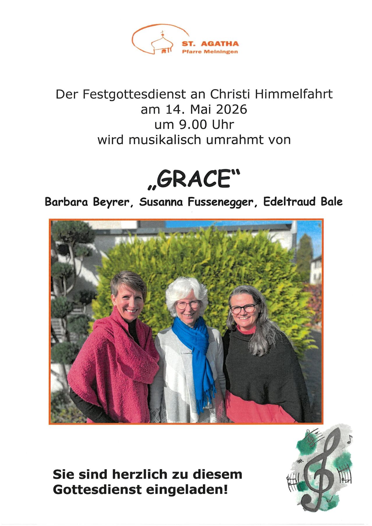 Poster for a Christian service on May 14, 2026, at 9:00 AM. The service is musically framed by Grace, featuring Barbara Beyrer, Susanna Fussenegger, and Edeltraud Bale. A photo of three women smiling in front of a bush.