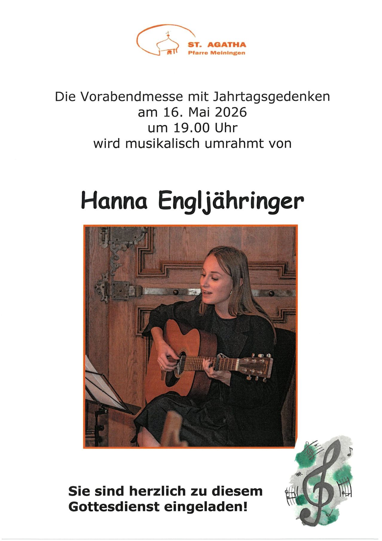 An evening gathering with birthday wishes on May 16, 2026 at 7:00 PM will be musically framed by Hanna Engljähringer. A woman is playing the guitar in front of a wooden wall.