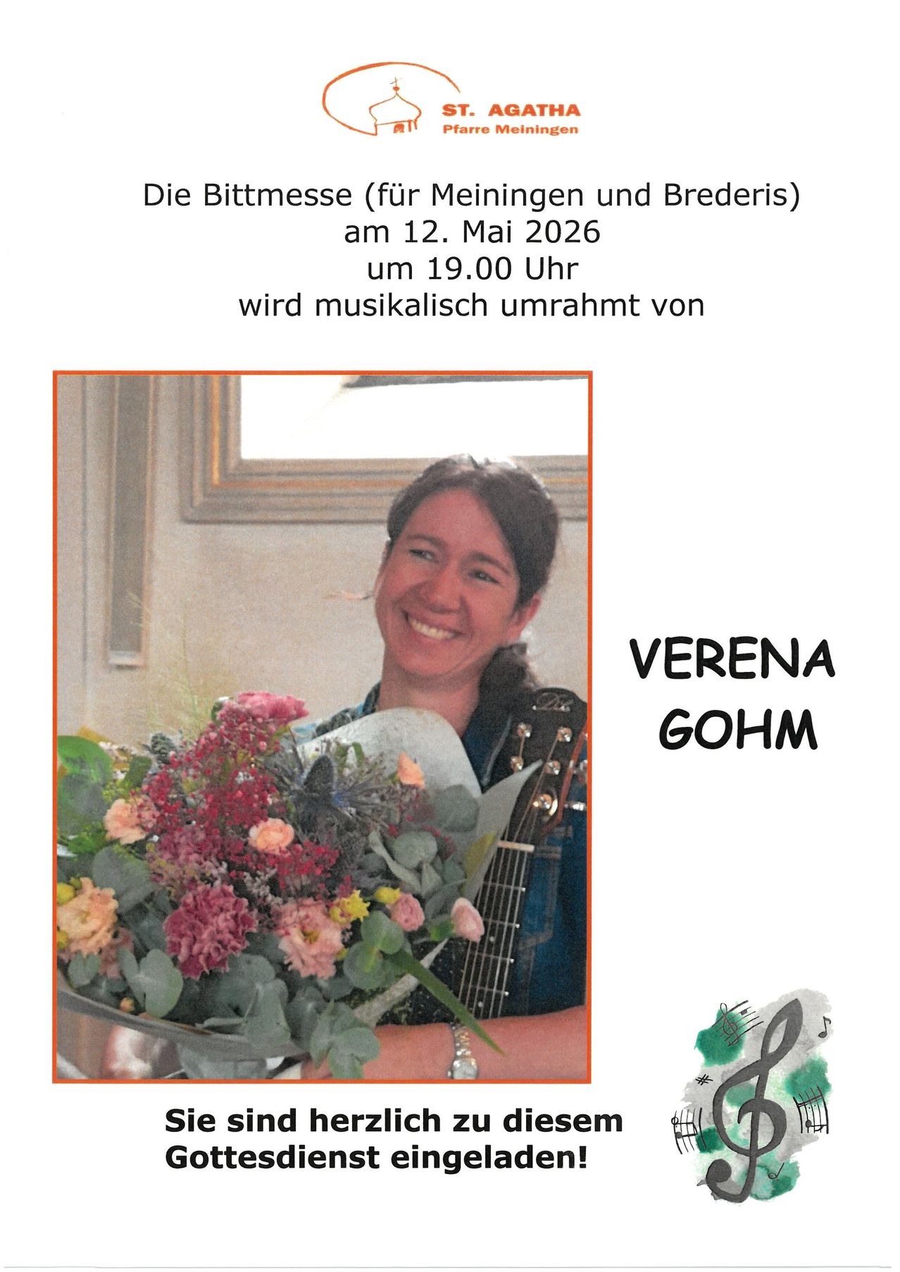 A photo of a woman holding a bouquet of flowers and a guitar. She is smiling. A musical event is happening on May 12, 2026 at 19:00.