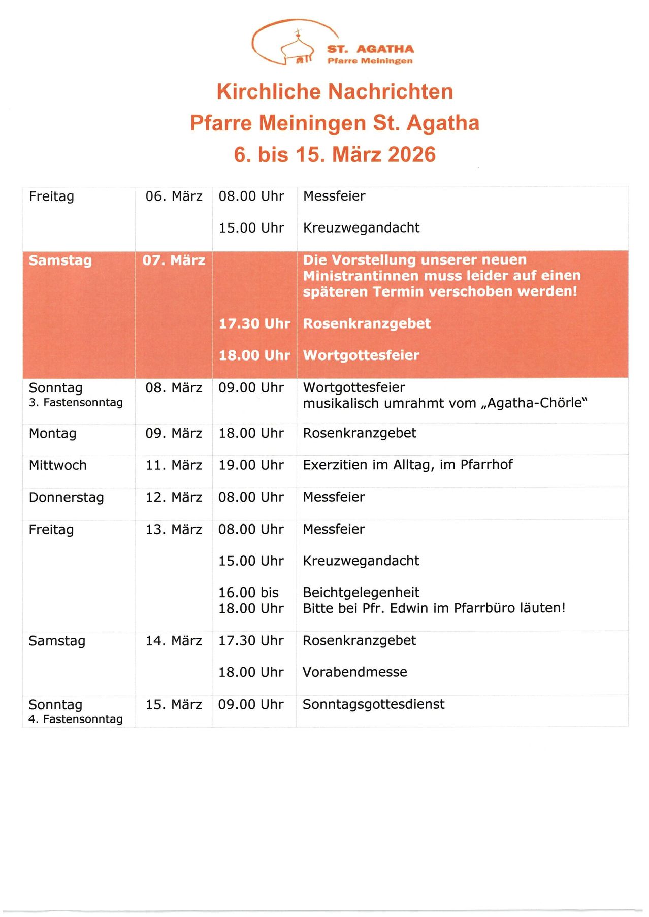 Ein Zeitplan vom 6. bis 15. März 2026. Beinhaltet Veranstaltungen wie Messzeiten, Gebetstreffen und Lesungen. Daten und Uhrzeiten sind für jeden Tag aufgeführt.