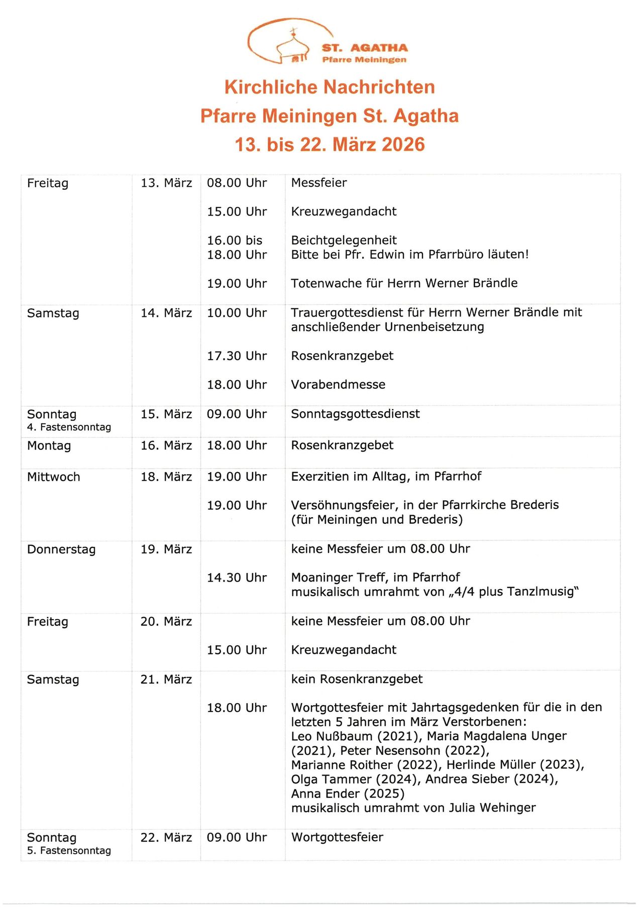 Das Bild zeigt einen Zeitplan vom 13. bis 22. März 2026 mit Wochentagen, Datum, Uhrzeiten und aufgeführten Veranstaltungen. Veranstaltungen beinhalten Messzeiten, Gebete und Gedenkfeiern für Einzelpersonen.