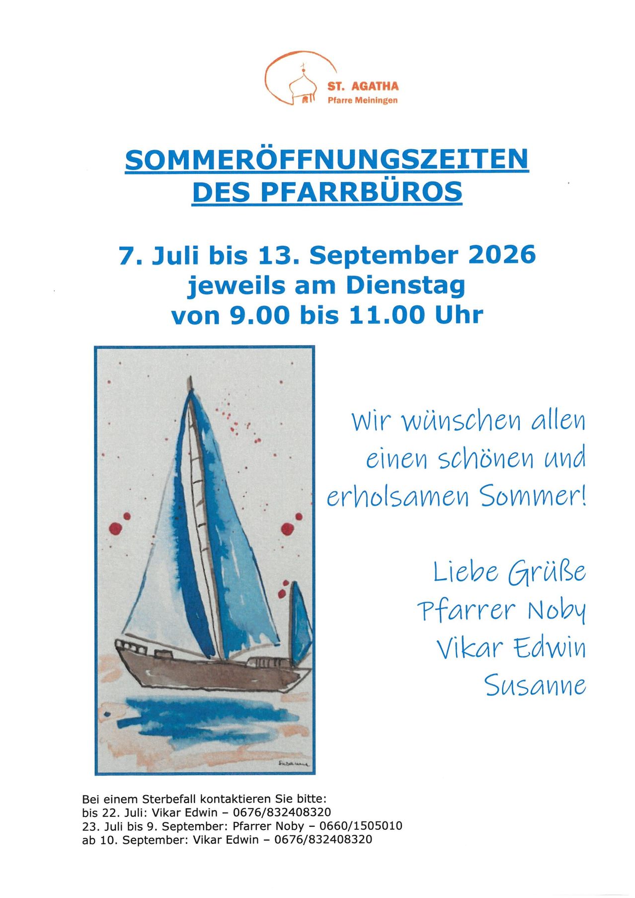 A poster with a blue sailboat illustration and text in German, announcing the opening hours of a church office from July 7 to September 13, 2026, every Tuesday from 9:00 to 11:00 AM.