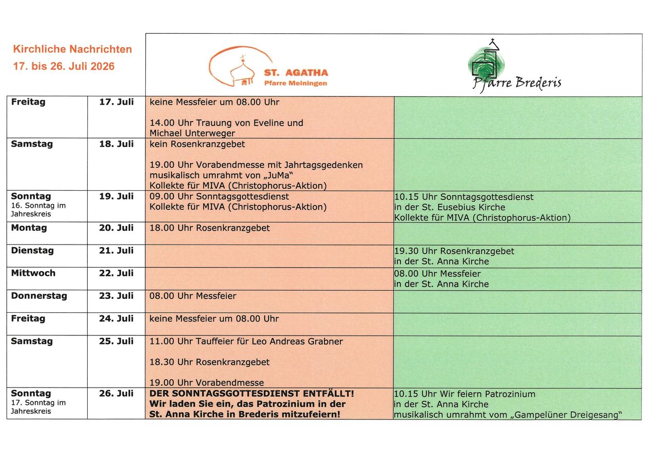 A schedule of church events in Meiningen, Germany, including wedding ceremonies, masses, and collections for MIVA. Dates range from July 17 to July 26, 2026.
