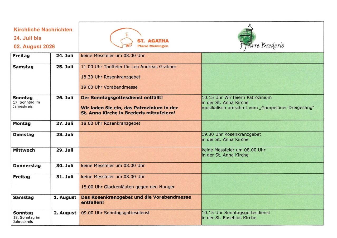 Ein Kalenderblatt für Juli und August 2024, das religiöse Veranstaltungen und Gottesdienste in St. Agatha in Meiningen auflistet, einschließlich Taufen, Messen und besonderer Gottesdienste.