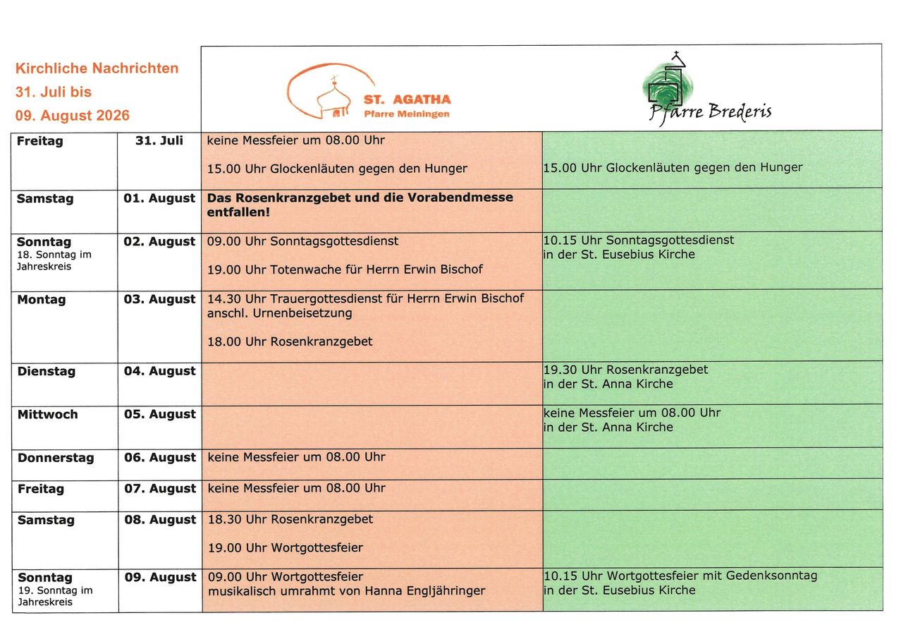Eine Kalenderseite für St. Agatha in Meiningen, Deutschland, listet verschiedene religiöse Dienste und Veranstaltungen für die Monate Juli und August auf, einschließlich Messzeiten, Gebetsdienste und besondere Ereignisse wie das Rosenkranzgebet.
