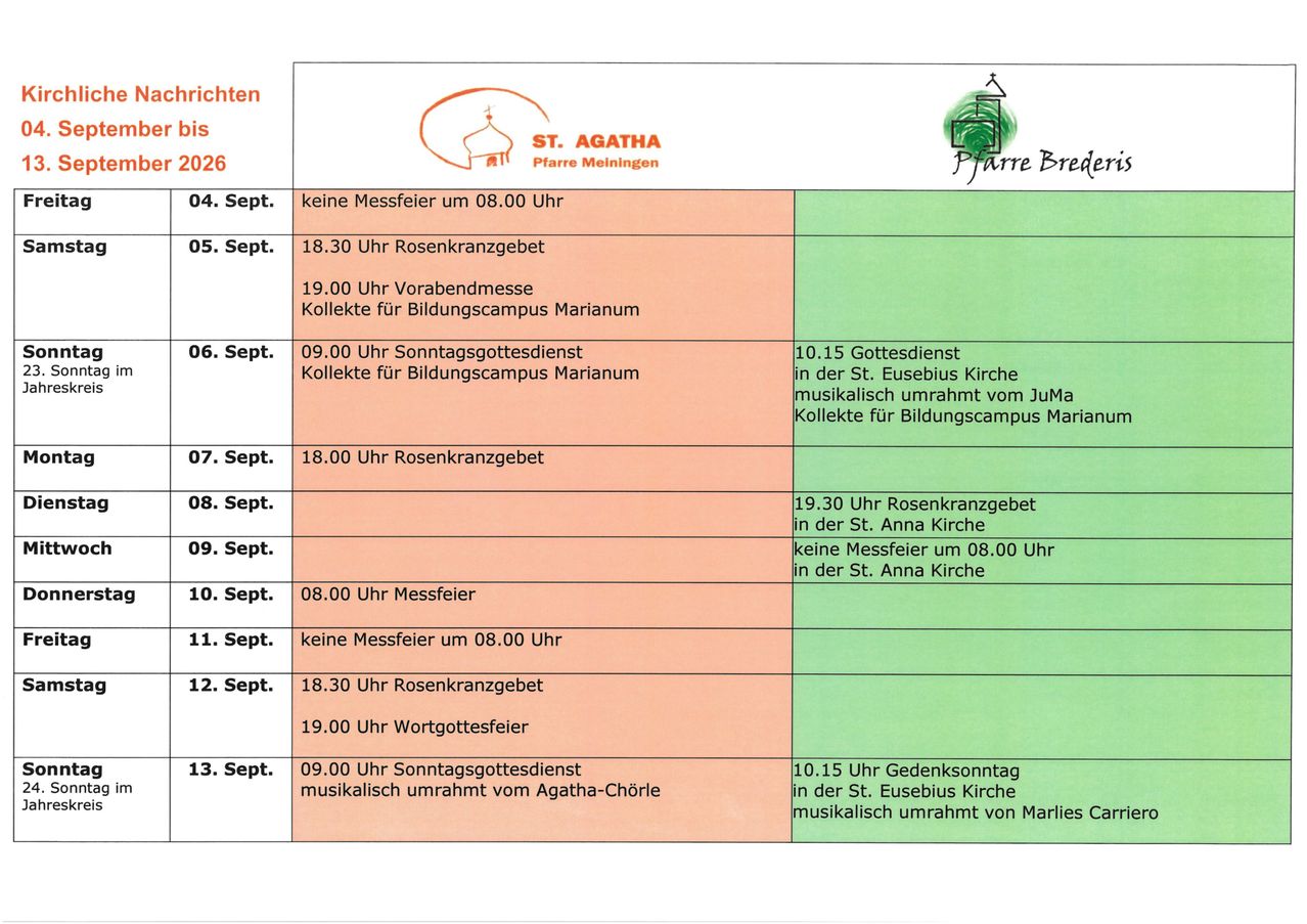 A schedule of religious services at St. Agatha Church in Mellningen, Germany, from September 4 to 13, 2026. The schedule includes times for various services, including Sunday masses, collections, and special events.