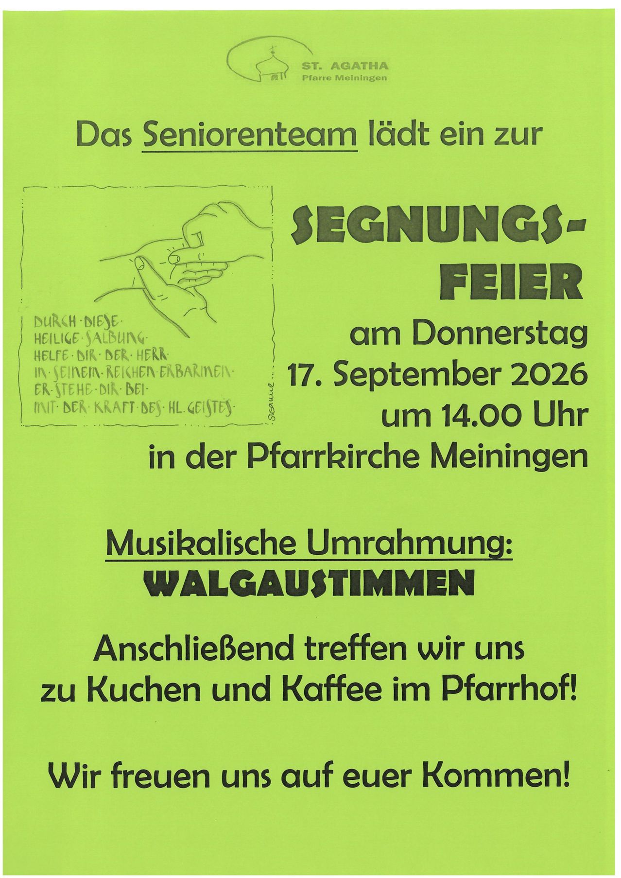 Plakat für eine Segnungsfeier am 17. September 2026 um 14.00 Uhr in der Pfarrkirche Meiningen, mit einer Handillustration und Text auf Deutsch.