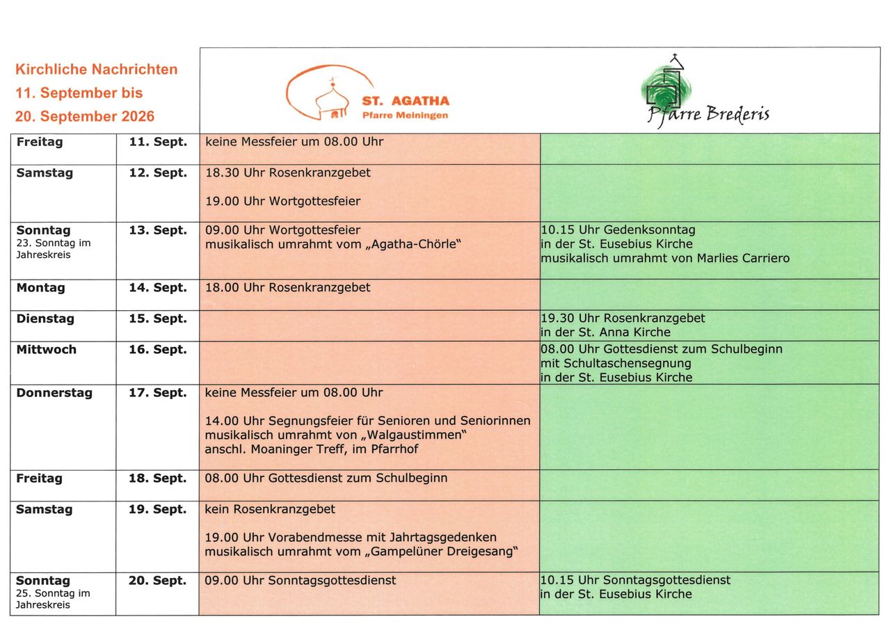 Ein Zeitplan für Veranstaltungen in der St. Agatha Kirche in Pfarrre Meiningen, Deutschland, einschließlich Daten, Uhrzeiten und Beschreibungen verschiedener religiöser Dienste und Zusammenkünfte.