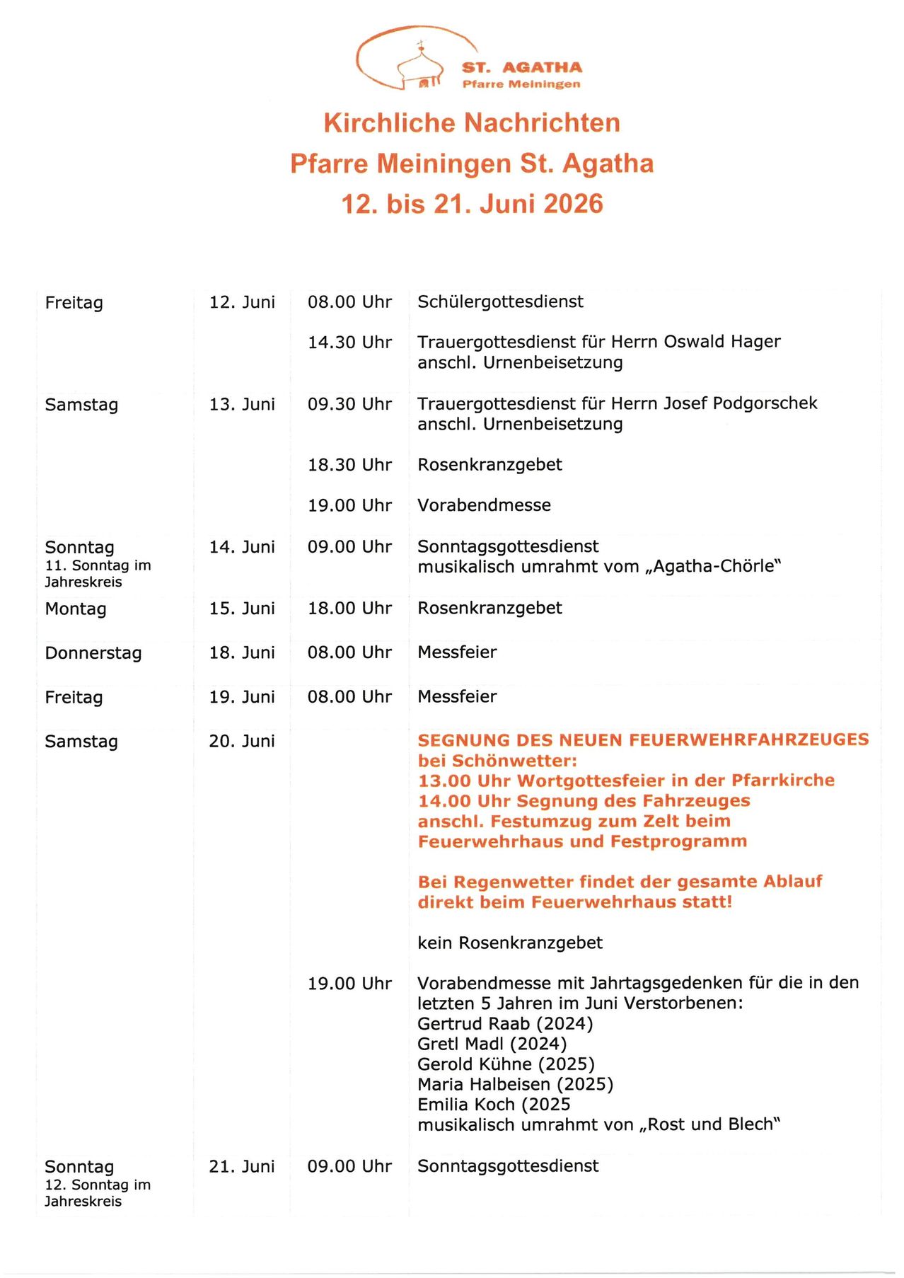 Veranstaltungsplan vom 12. bis 21. Juni 2026. Beinhaltet Daten, Uhrzeiten und Beschreibungen von Gottesdiensten und Veranstaltungen. Der Zeitplan umfasst einen Chorgottesdienst, Trauergottesdienste, ein Rosenkranzgebet und einen Sonntagsgottesdienst mit Musik. Der Zeitplan beinhaltet auch die Segnung eines neuen Feuerwehrfahrzeuges.