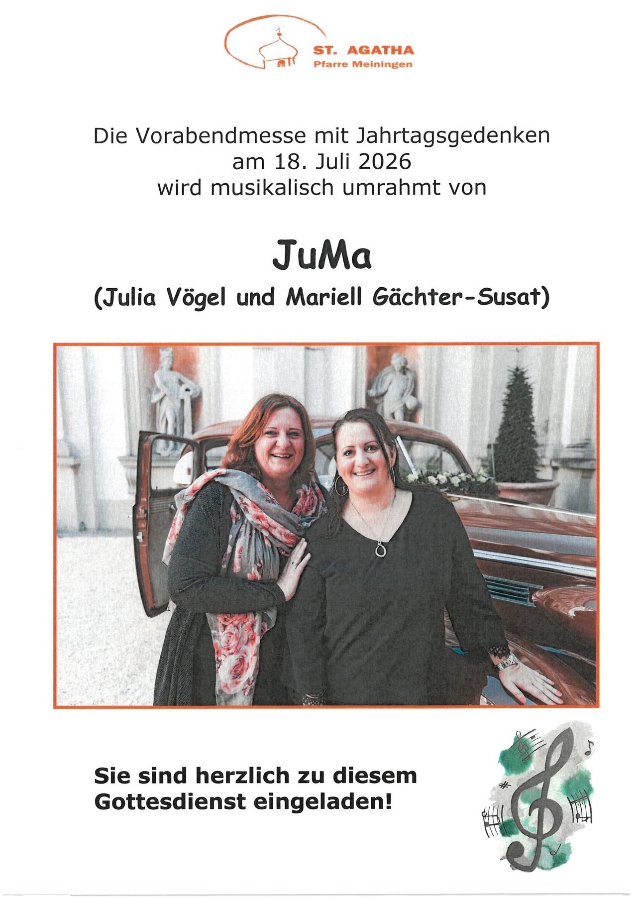 The evening mass with birthday wishes on July 18, 2026 will be musically framed by JuMa (Julia Vogel and Marielle Gaechter-Susat)