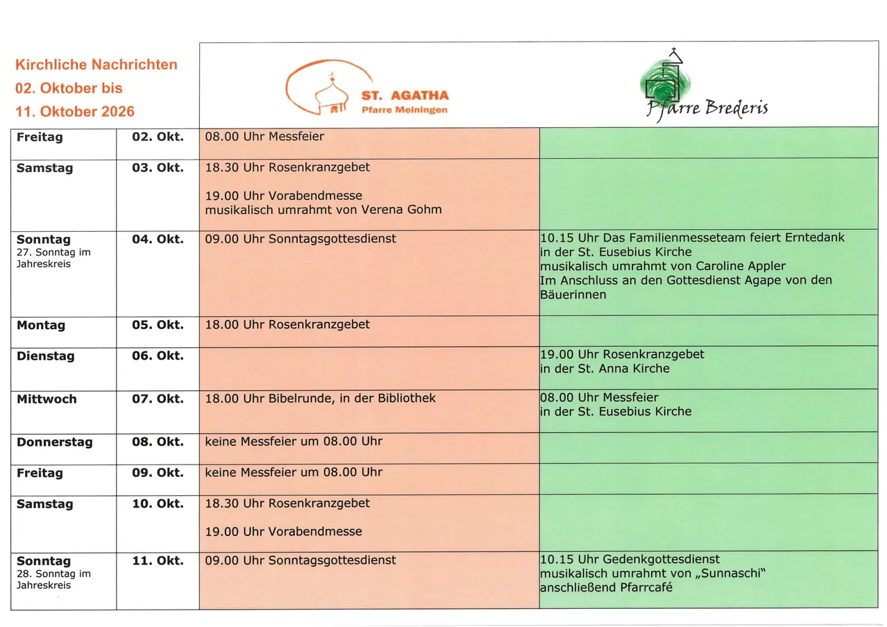 Ein Zeitplan für Gottesdienste und Veranstaltungen vom 2. Oktober 2026 bis 11. Oktober 2026 in St. Agatha, Pfarrre Meiningen.