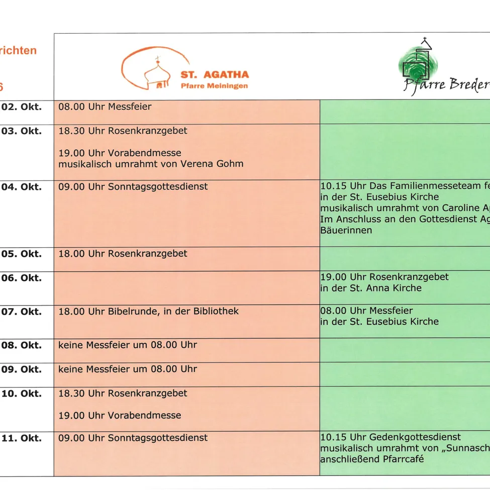 Ein Zeitplan für Gottesdienste und Veranstaltungen vom 2. Oktober 2026 bis 11. Oktober 2026 in St. Agatha, Pfarrre Meiningen.