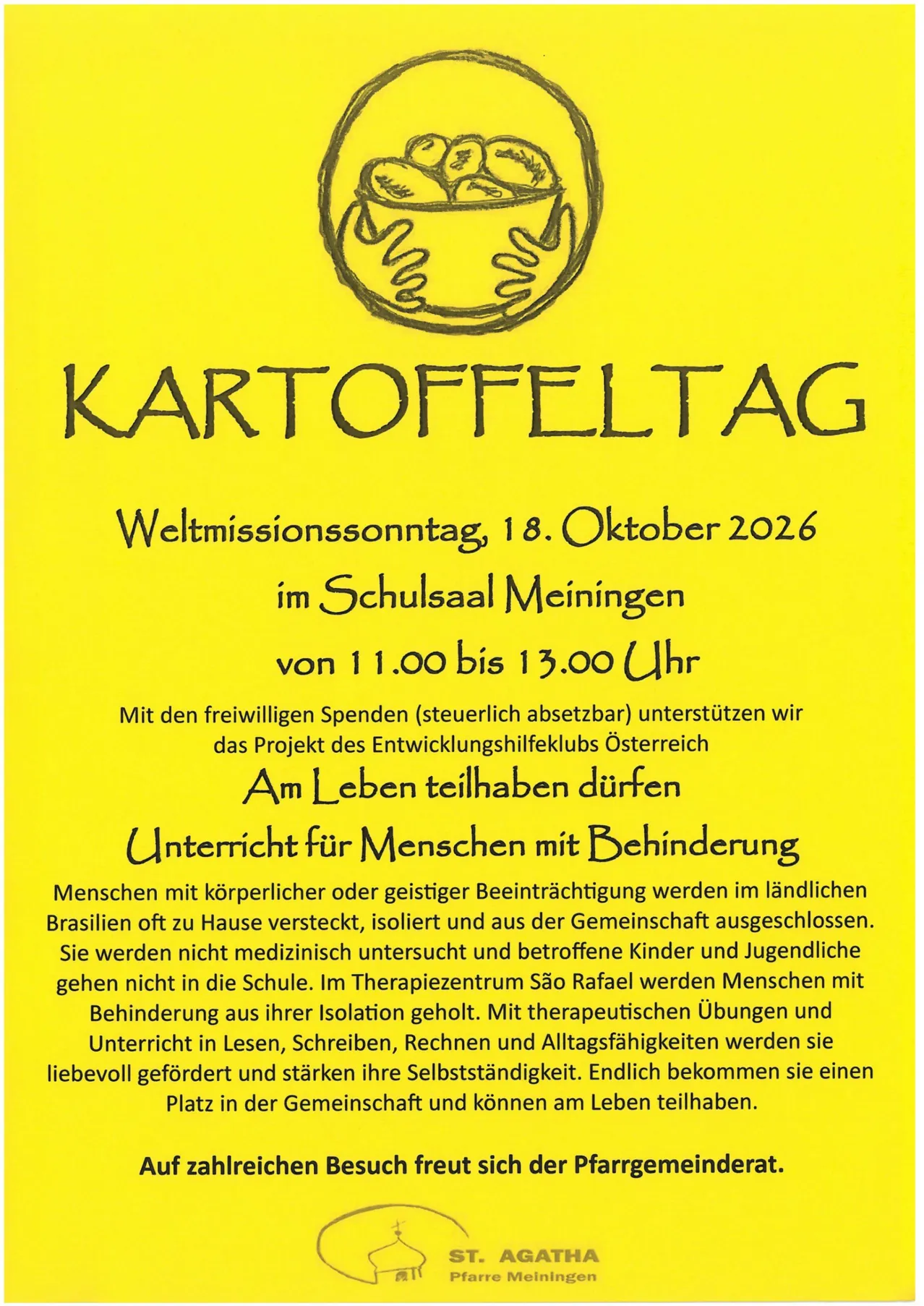 Ein gelbes Plakat mit einer Zeichnung einer Schüssel mit Kartoffeln und Text auf Deutsch über ein Kartoffelfest am 18. Oktober 2026 im Meininger Schulsaal.
