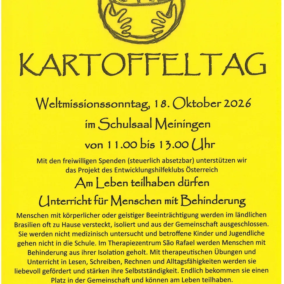 Ein gelbes Plakat mit einer Zeichnung einer Schüssel mit Kartoffeln und Text auf Deutsch über ein Kartoffelfest am 18. Oktober 2026 im Meininger Schulsaal.