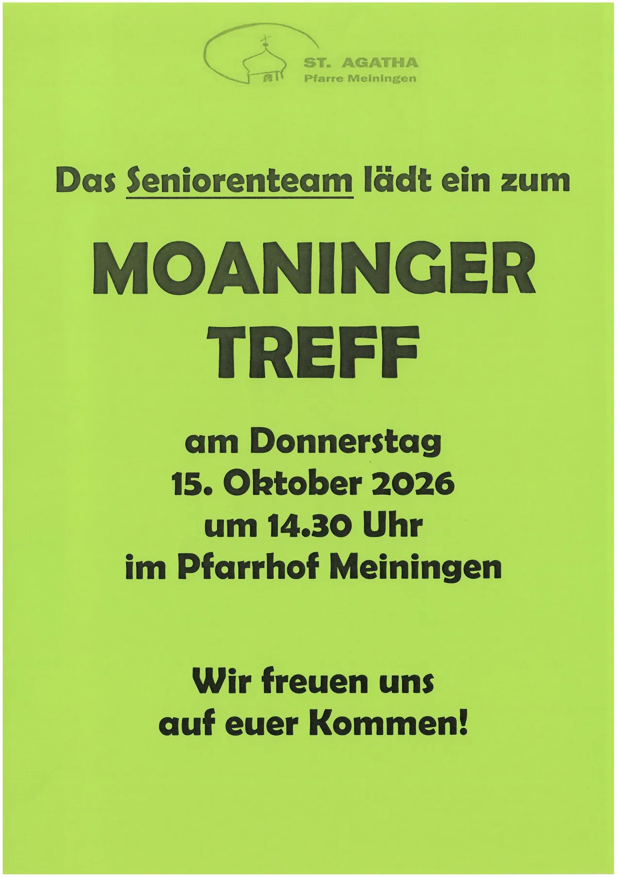 Ein Plakat für ein Treffen des Seniorenteams der St. Agatha Kirche in Meiningen, Deutschland, am 15. Oktober 2026 um 14:30 Uhr.