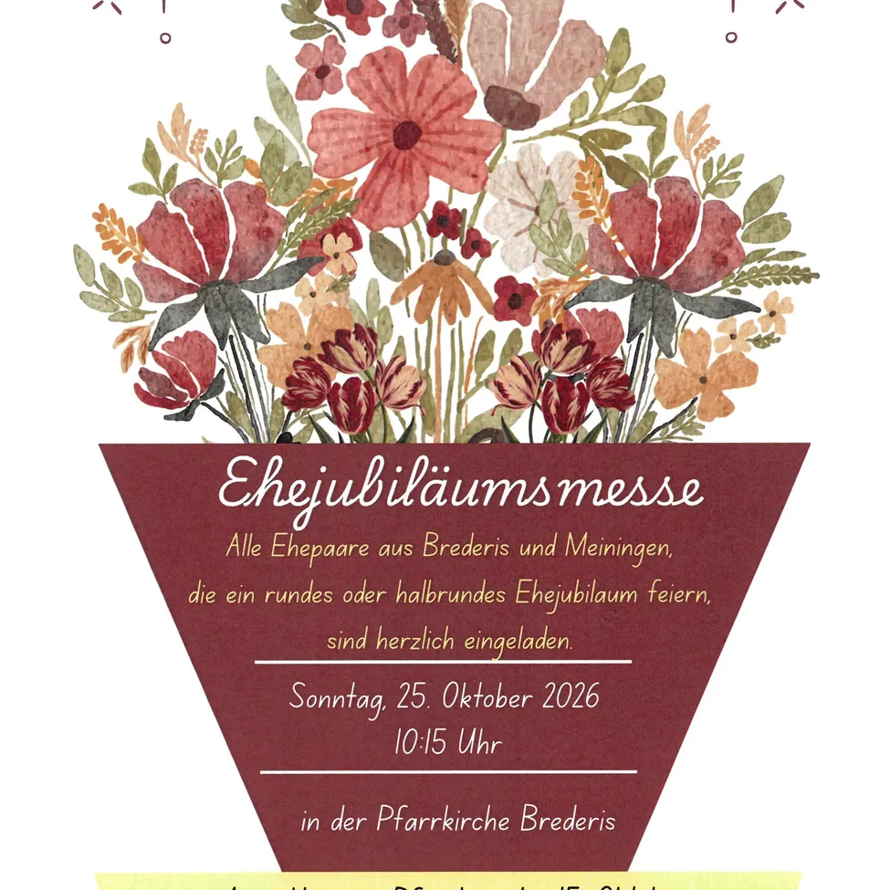 Eine Einladungskarte für eine Hochzeitsjubiläumsfeier mit einem Blumenstrauß in der Mitte, dem Text Ehejubiläumsmesse in Deutsch und Angaben zum Veranstaltungsdatum und -ort.