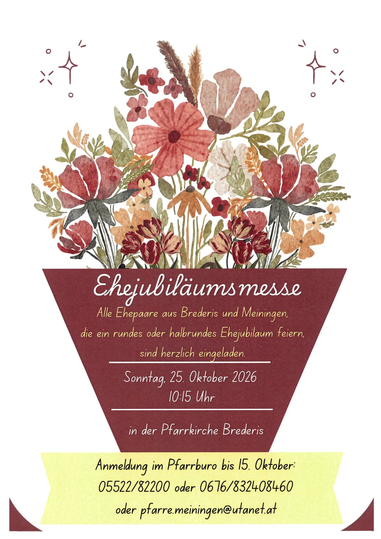 Eine Einladungskarte für eine Hochzeitsjubiläumsfeier mit einem Blumenstrauß in der Mitte, dem Text Ehejubiläumsmesse in Deutsch und Angaben zum Veranstaltungsdatum und -ort.