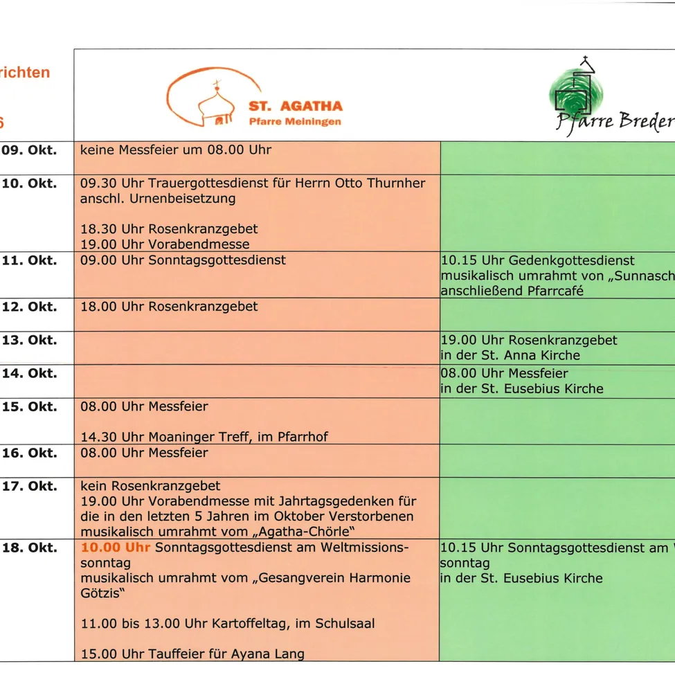 Eine Tabelle mit dem Zeitplan für Gottesdienste von Oktober 9 bis Oktober 18, 2026. Die Tabelle enthält Daten, Wochentage und Details zu jedem Gottesdienst, wie Uhrzeit, Art des Gottesdienstes und besondere Ereignisse oder Gäste.
