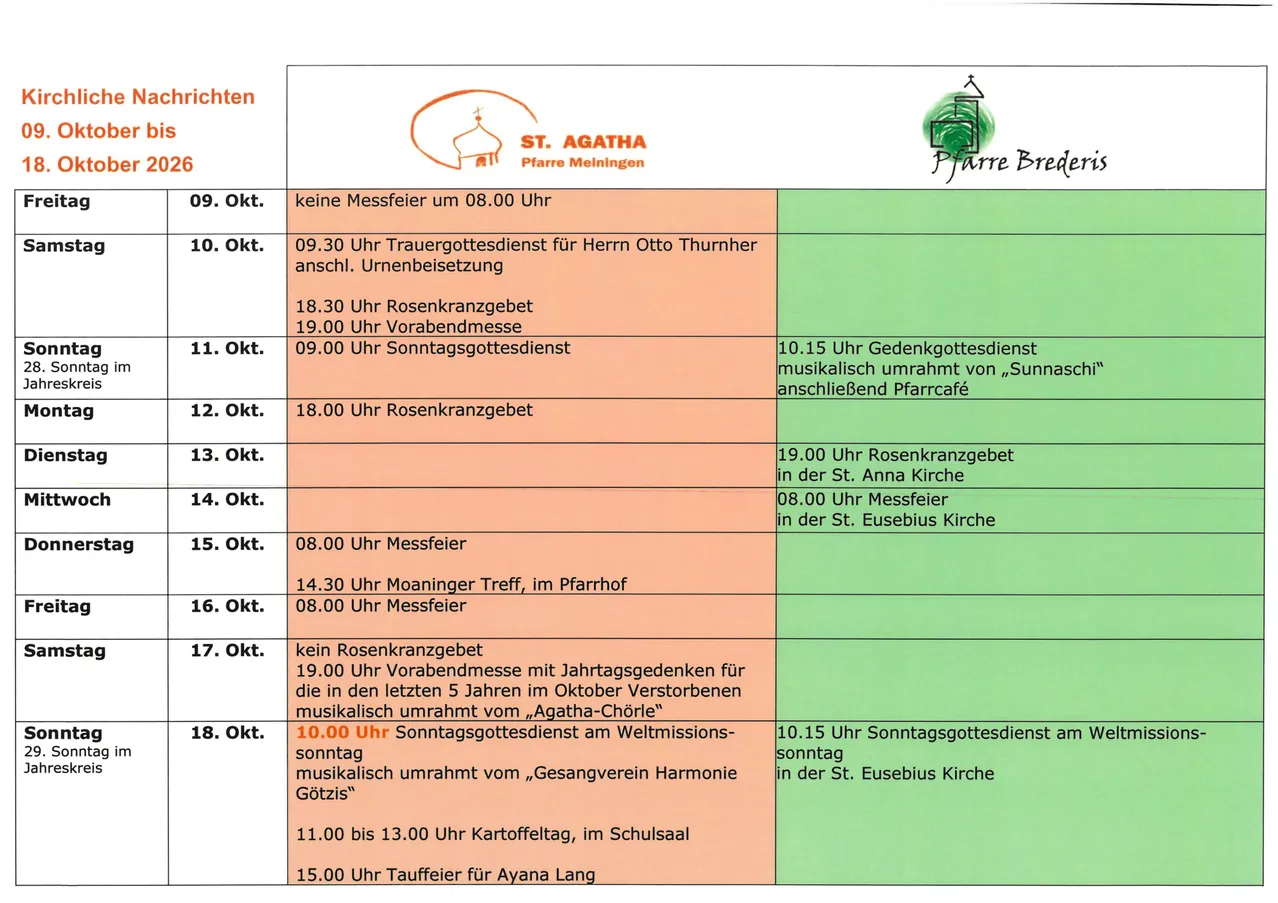Eine Tabelle mit dem Zeitplan für Gottesdienste von Oktober 9 bis Oktober 18, 2026. Die Tabelle enthält Daten, Wochentage und Details zu jedem Gottesdienst, wie Uhrzeit, Art des Gottesdienstes und besondere Ereignisse oder Gäste.