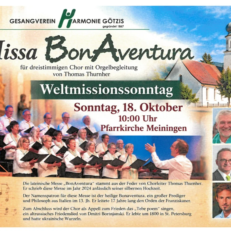 Ein Plakat für eine musikalische Veranstaltung mit einem Chor, der vor einer Kirche singt, begleitet von einem Dirigenten und einem Organisten.