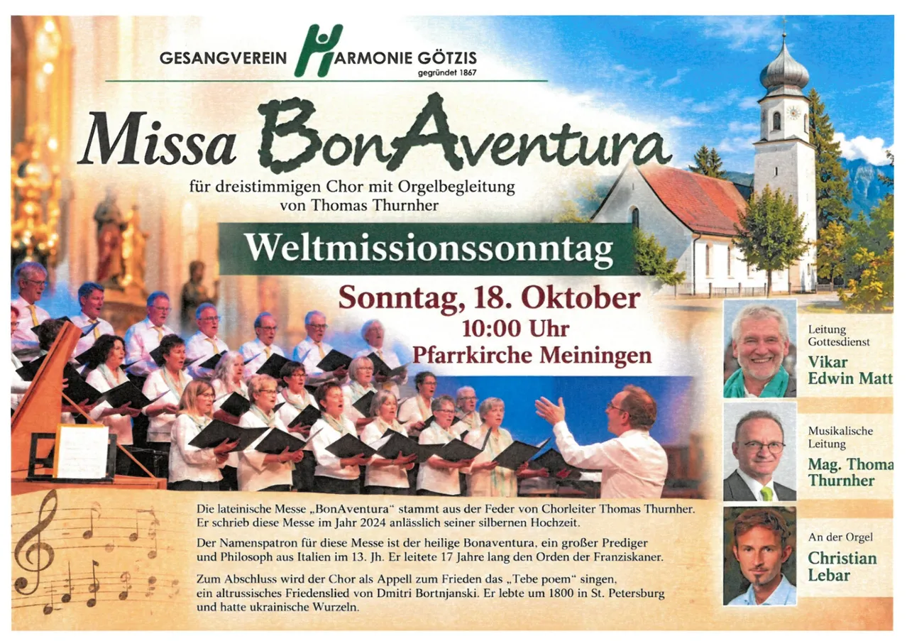 Ein Plakat für eine musikalische Veranstaltung mit einem Chor, der vor einer Kirche singt, begleitet von einem Dirigenten und einem Organisten.