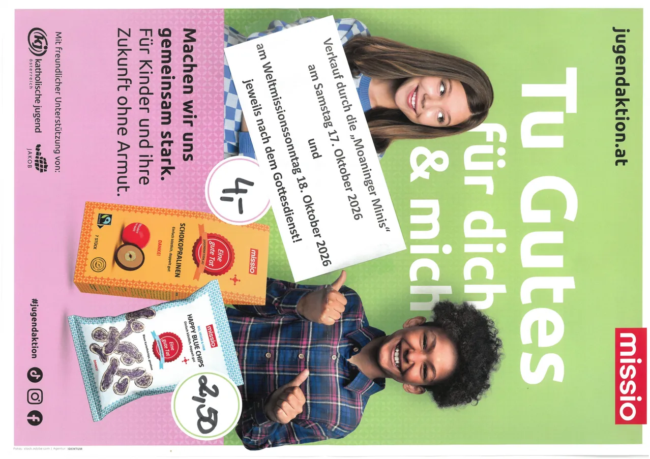 Eine Werbung für ein Lebensmittelprodukt mit zwei Kindern, die ein Schild halten und lächeln. Das Schild sagt 'Macht uns stark ohne Arme und Beine'.