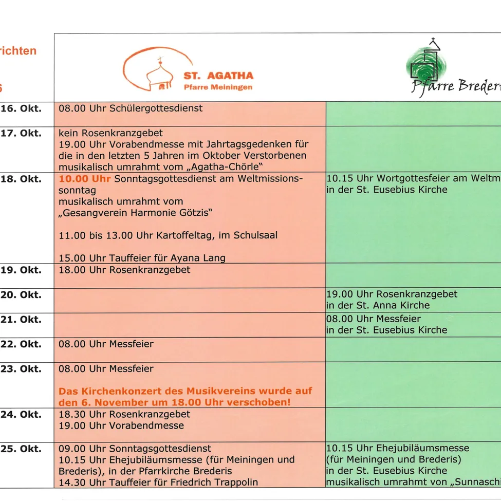 Ein Zeitplan für Gottesdienste und Veranstaltungen in der Kirche vom 16. Oktober bis 25. Oktober 2026, einschließlich Details zu jedem Ereignis und dem Ort.