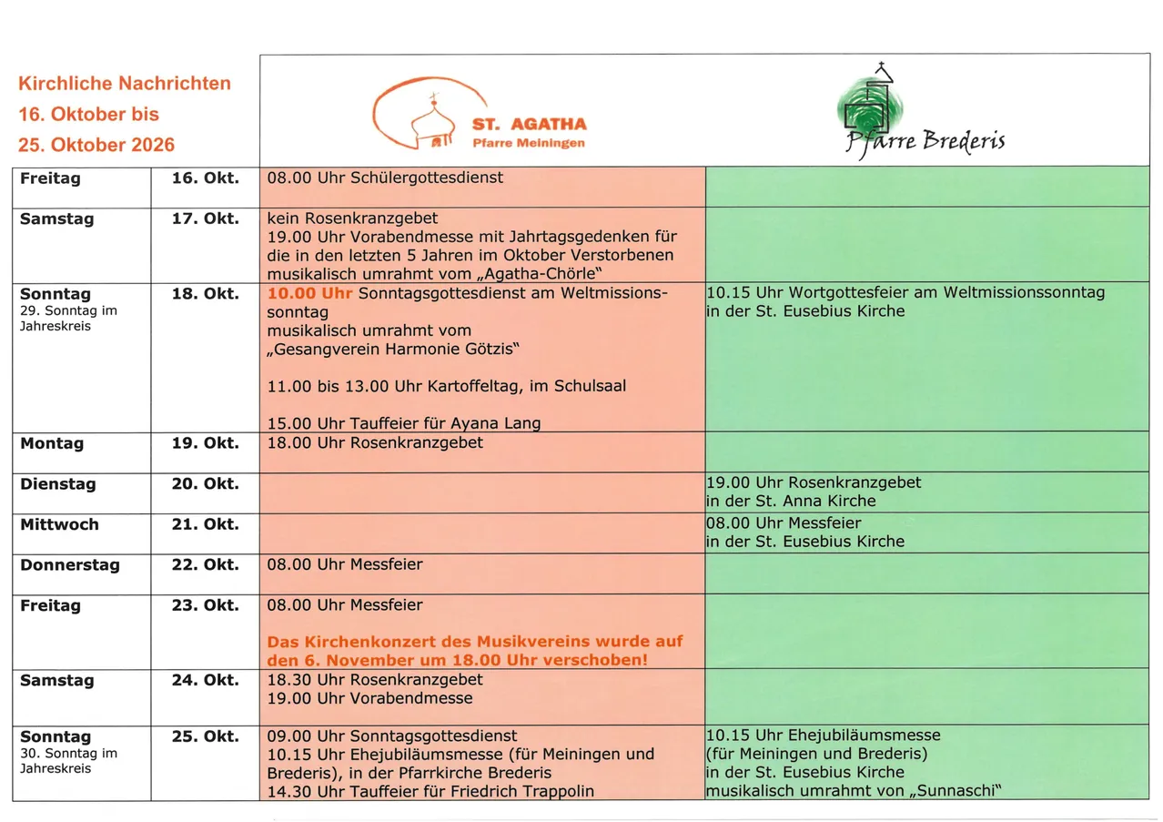 Ein Zeitplan für Gottesdienste und Veranstaltungen in der Kirche vom 16. Oktober bis 25. Oktober 2026, einschließlich Details zu jedem Ereignis und dem Ort.