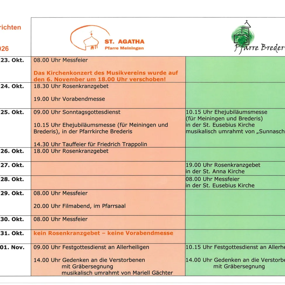 Ein Zeitplan für Gottesdienste und Veranstaltungen vom 23. Oktober bis 1. November 2026 in Meiningen und Brederis.