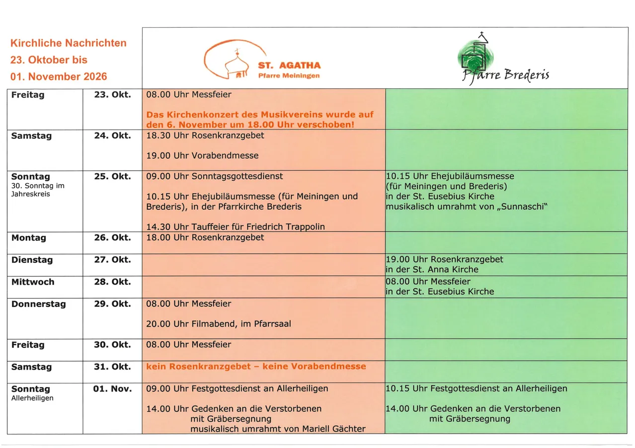 Ein Zeitplan für Gottesdienste und Veranstaltungen vom 23. Oktober bis 1. November 2026 in Meiningen und Brederis.