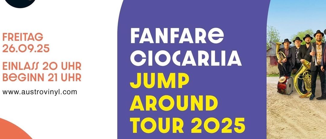 Plakat für Fanfare CiocCarlia Jump Around Tour 2025. Ein Musiker spielt im Hintergrund ein Blechblasinstrument.