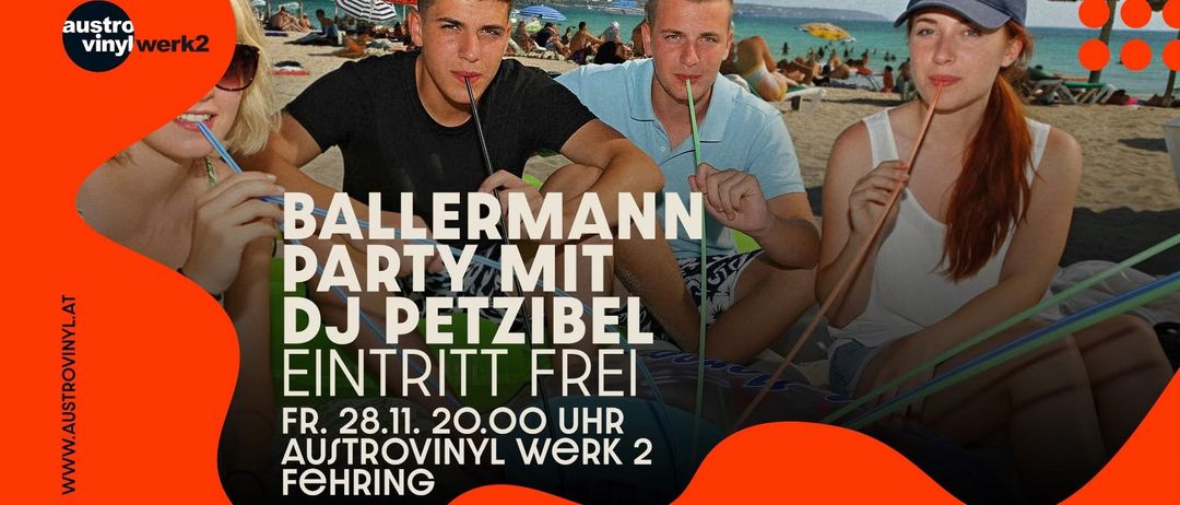 Eine Werbung für eine Ballermann-Party mit DJ Petzibel am 28. November 2020, Beginn um 20:00 Uhr im Austrovinyl Werk 2 Fähring. Drei Personen sitzen am Strand.