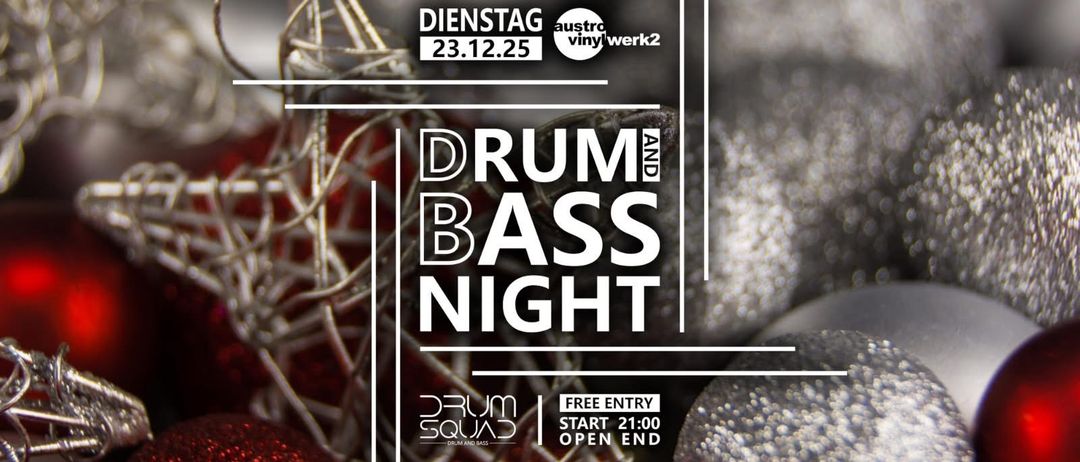 Werbeplakat für Drum and Bass Night am 23. Dezember 2025 um 21:00. Freier Eintritt. Veranstaltet von Austro Vinyl Werk2.