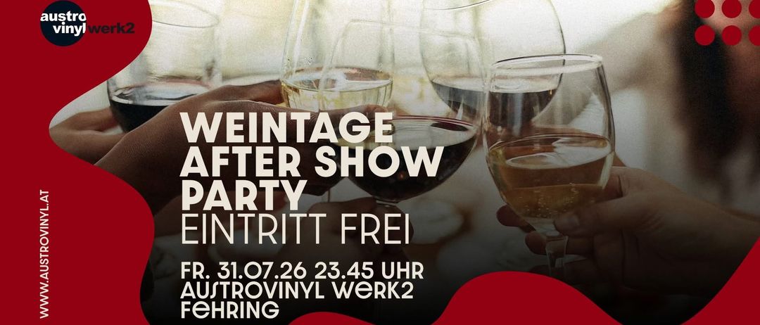 Plakat für eine Weinverkostungsveranstaltung mit Händen, die Weingläser halten, mit Text auf Deutsch und Englisch. Die Veranstaltung ist kostenlos und für den 31. Juli 2026 um 23:45 Uhr geplant.