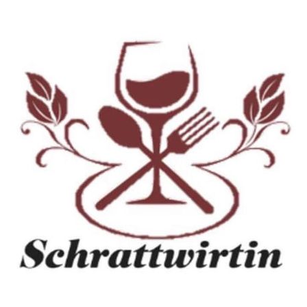 Ein Logo mit einem Weinglas, einer Gabel und einem Löffel, umgeben von Blättern, beschriftet mit 'Schrattwirtin'.